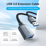 Vention Cotton Braided USB 3.0 Type A Male to Female Extension Cable 1.5M Gray Aluminum Alloy Type