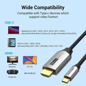 Cotton Braided USB-C to HDMI Cable 2M Black Aluminum Alloy Type