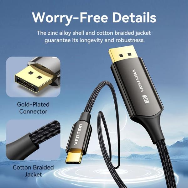 Cotton Braided 8K Bi-Directional USB-C Male to DisplayPort Male Cable 2M Black Zinc Alloy Type