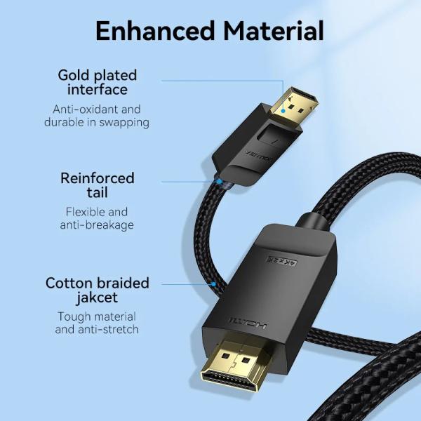 Cotton Braided 4K DP Male to HDMI-A Male HD Cable 3M Black