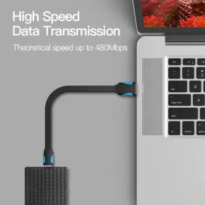 Flat USB2.0 A Male to Mini 5 Pin Male Cable 1.5M Black